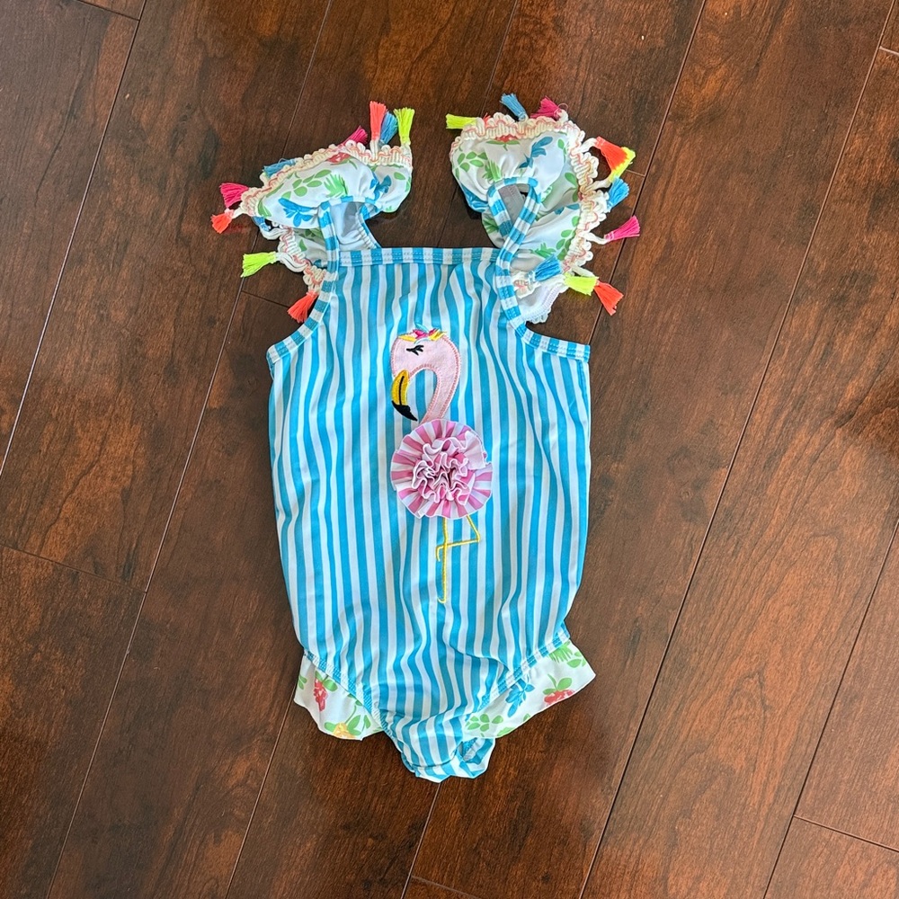 Light Blue Girls' Swimsuit with Tassel Trim